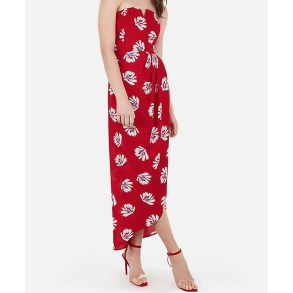 Express Red Strapless Palm Floral Print Dress‎ 2 Wrap Skirt Slit Boning - Picture 1 of 9